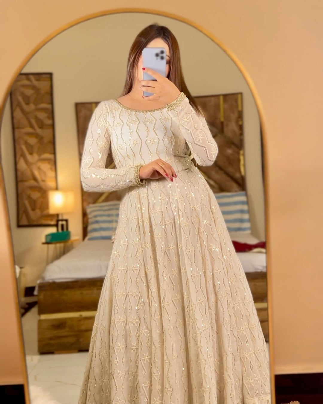 White Elegance – Faux Blooming Anarkali Suit with Lucknowi Zari & Sequin Embroidery