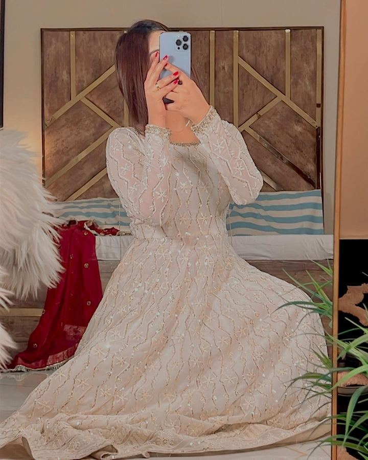 White Elegance – Faux Blooming Anarkali Suit with Lucknowi Zari & Sequin Embroidery