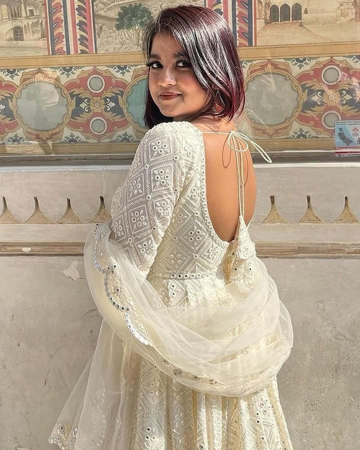 White Georgette Anarkali with Lakhnawi Embroidery