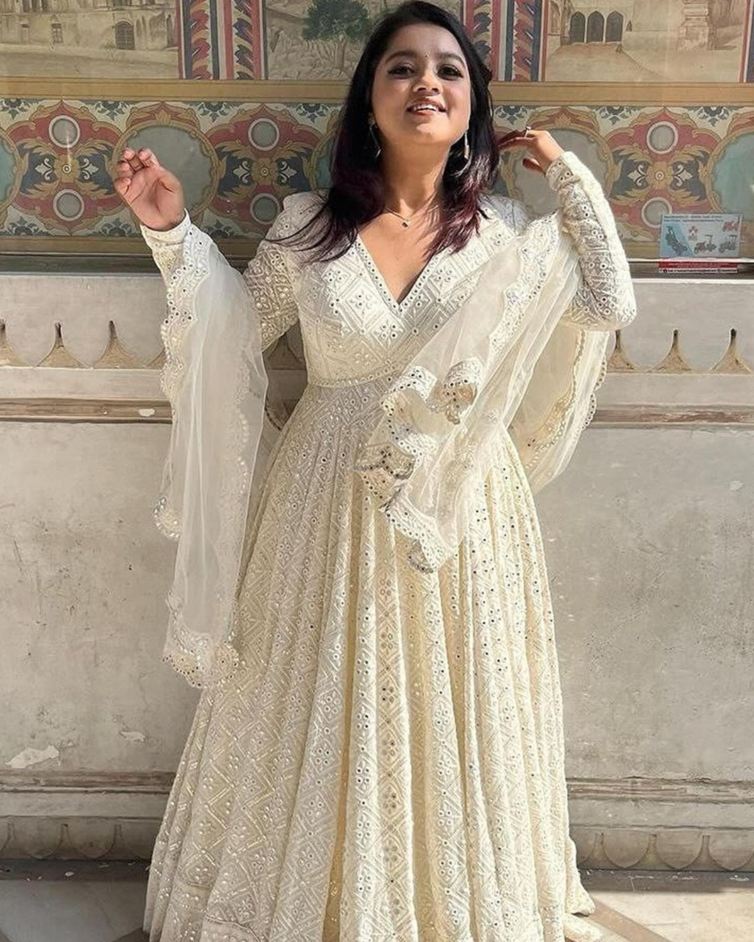 White Georgette Anarkali with Lakhnawi Embroidery