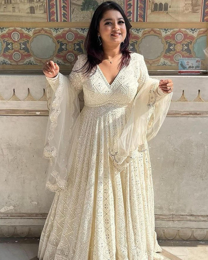 White Georgette Anarkali with Lakhnawi Embroidery