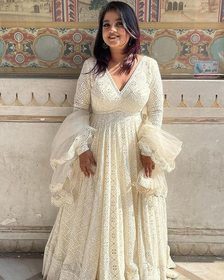 White Georgette Anarkali with Lakhnawi Embroidery