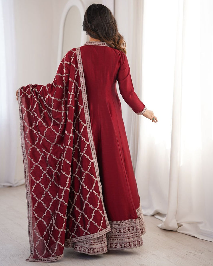 Maroon Pure Blooming Vichitra Silk Fully Flare Anarkali Set with Dupatta & Embroidery Work