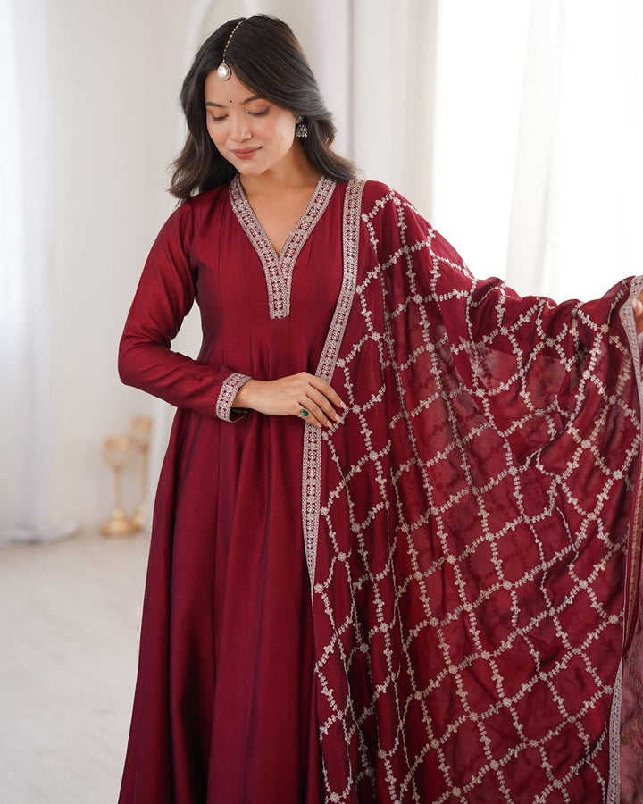 Maroon Pure Blooming Vichitra Silk Fully Flare Anarkali Set with Dupatta & Embroidery Work