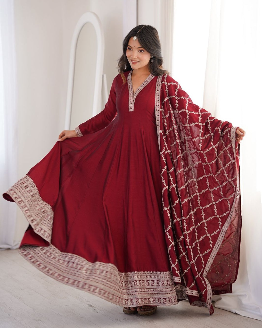Maroon Pure Blooming Vichitra Silk Fully Flare Anarkali Set with Dupatta & Embroidery Work