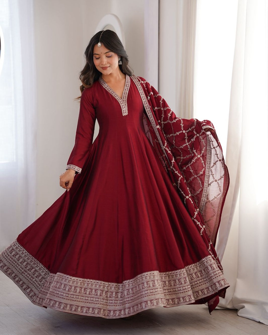 Maroon Pure Blooming Vichitra Silk Fully Flare Anarkali Set with Dupatta & Embroidery Work