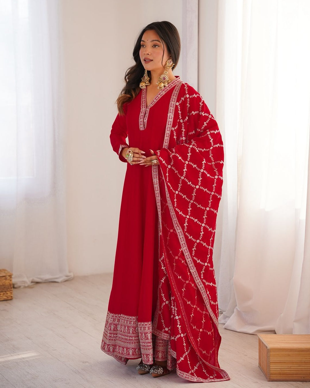 Red Pure Blooming Vichitra Silk Fully Flare Anarkali Set with Dupatta & Embroidery Work