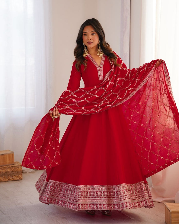 Red Pure Blooming Vichitra Silk Fully Flare Anarkali Set with Dupatta & Embroidery Work