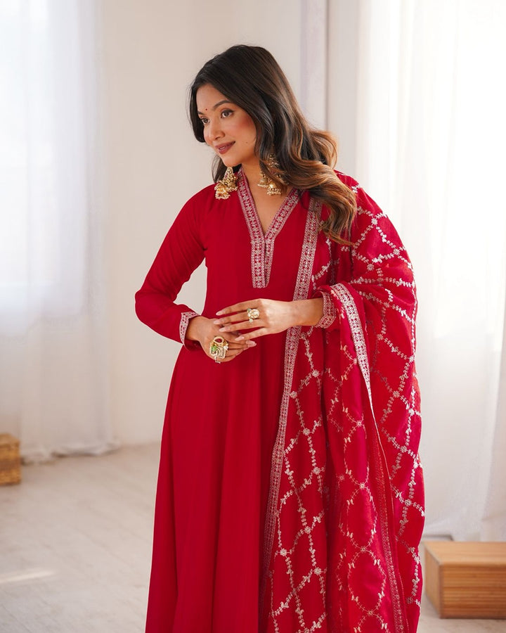 Red Pure Blooming Vichitra Silk Fully Flare Anarkali Set with Dupatta & Embroidery Work