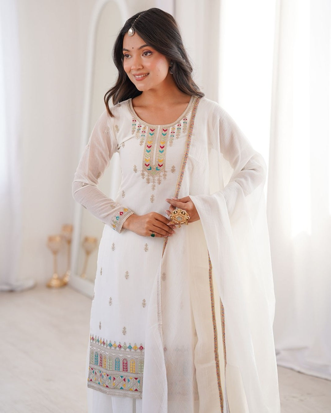 White Color Crunchy Silk Embroidered Palazzo Suit