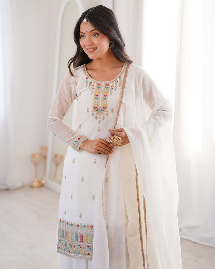 White Color Crunchy Silk Embroidered Palazzo Suit