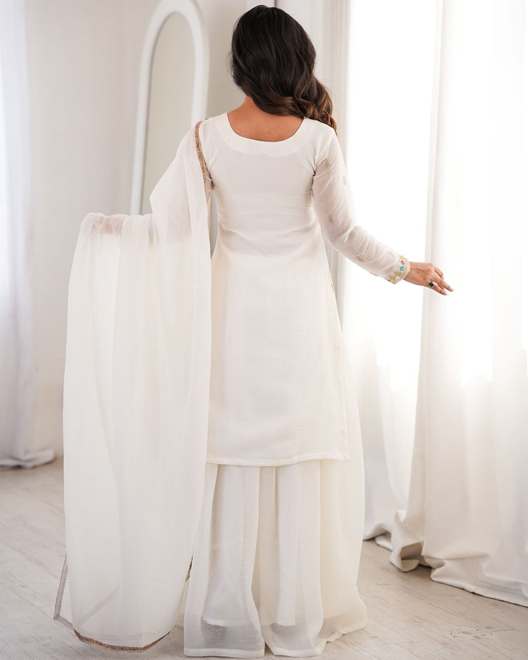 White Color Crunchy Silk Embroidered Palazzo Suit