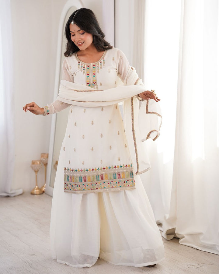 White Color Crunchy Silk Embroidered Palazzo Suit