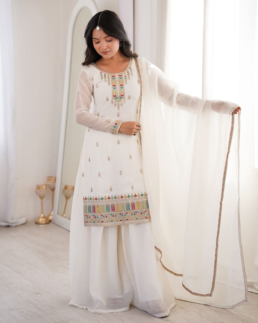 White Color Crunchy Silk Embroidered Palazzo Suit