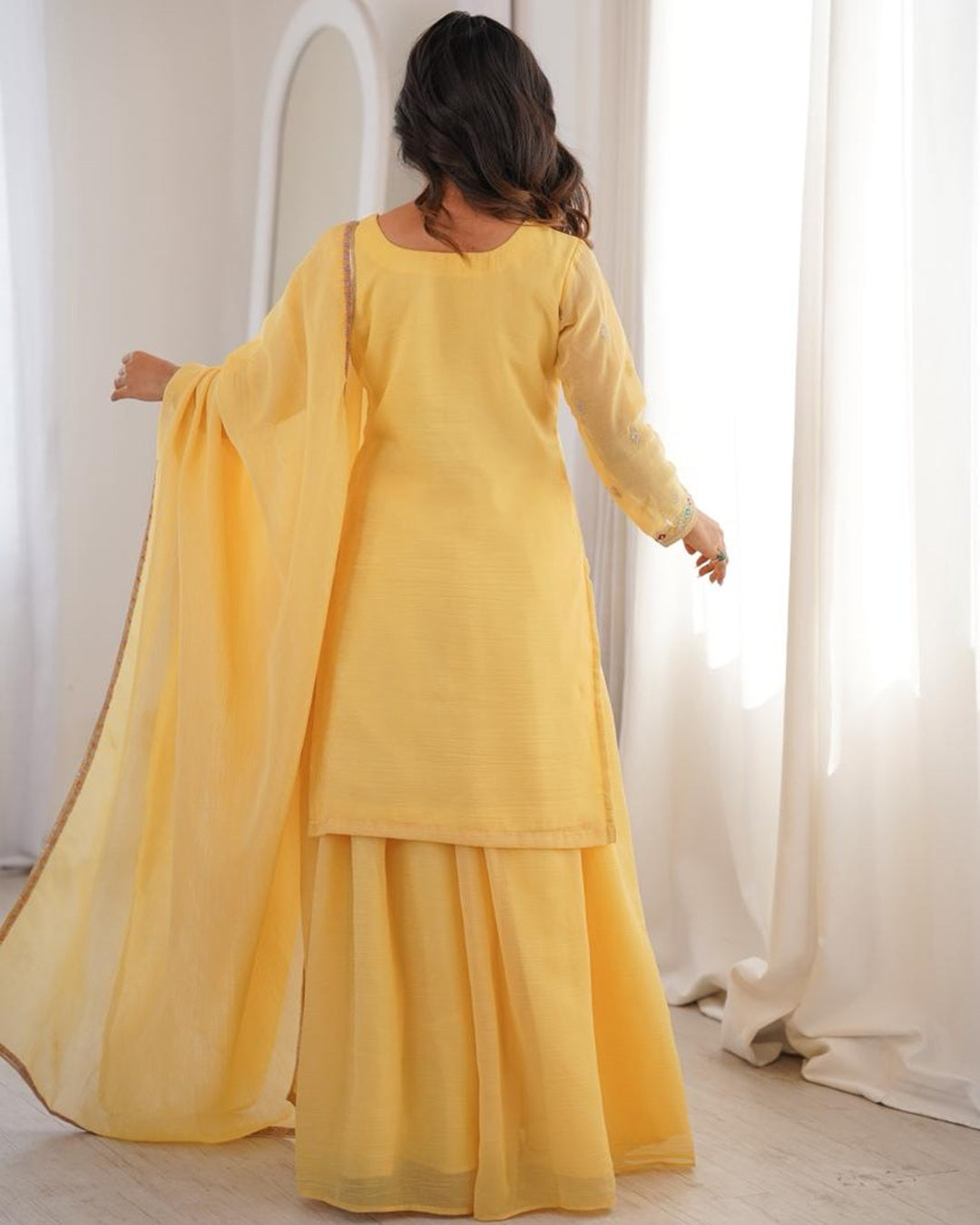 Yellow Color Crunchy Silk Embroidered Palazzo Suit – Festive Designer Ethnic Wear