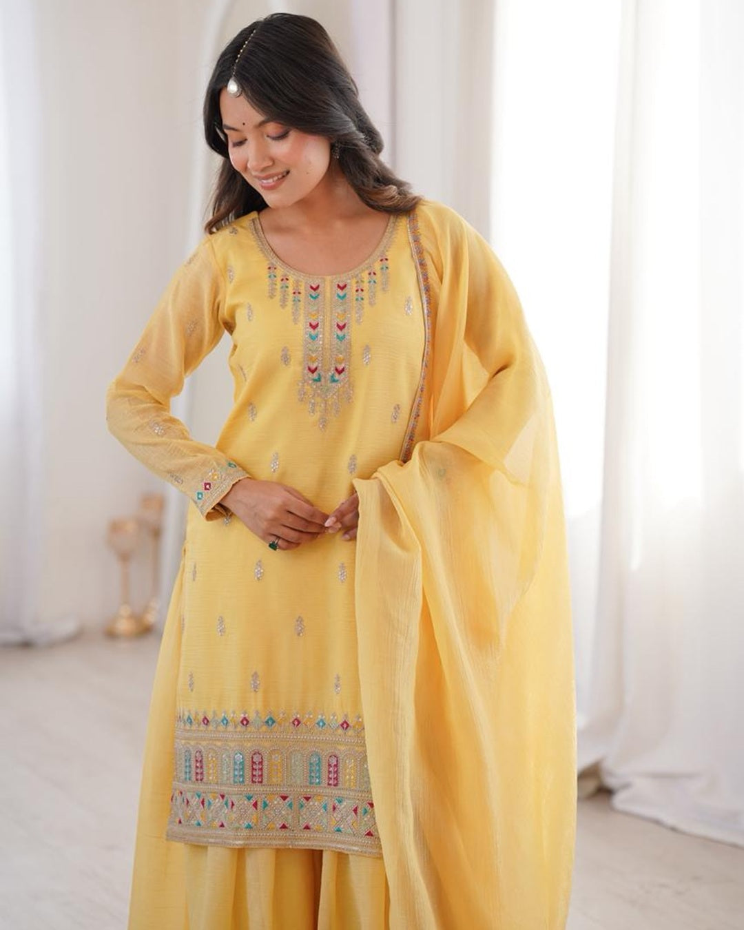 Yellow Color Crunchy Silk Embroidered Palazzo Suit – Festive Designer Ethnic Wear