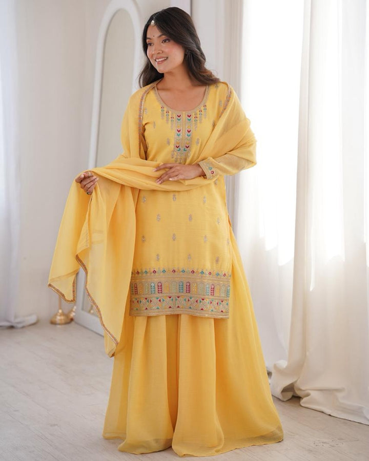Yellow Color Crunchy Silk Embroidered Palazzo Suit – Festive Designer Ethnic Wear