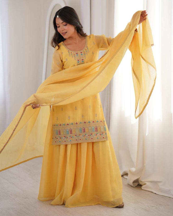 Yellow Color Crunchy Silk Embroidered Palazzo Suit – Festive Designer Ethnic Wear