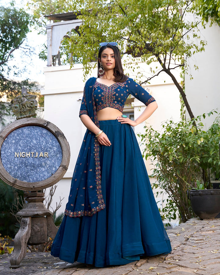 Firozi Color Georgette Embroidered Lehenga Choli