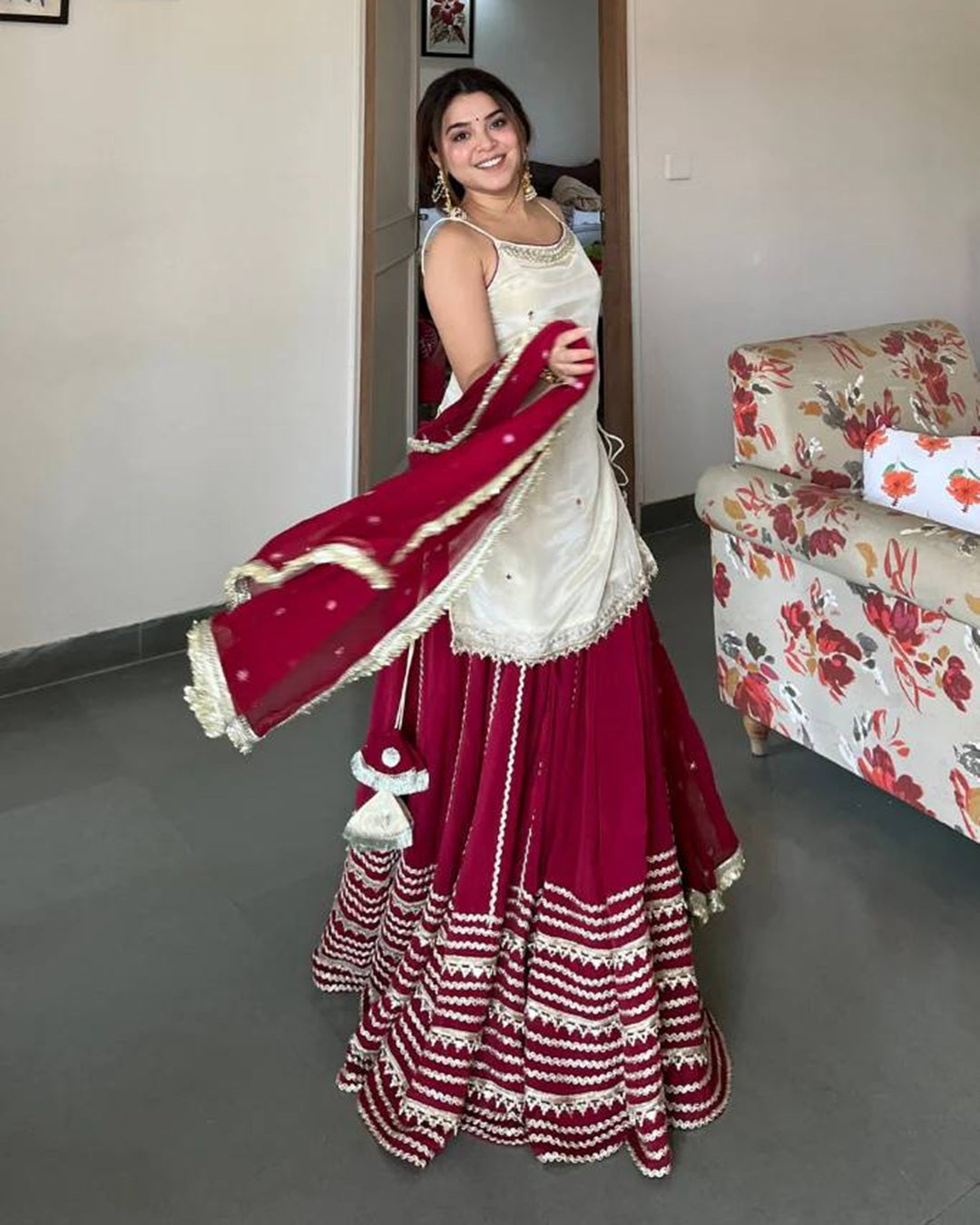 Off White Kurti with Maroon Fendy Silk Lehenga Real Mirror Work Set – Elegant Festive & Wedding Wear