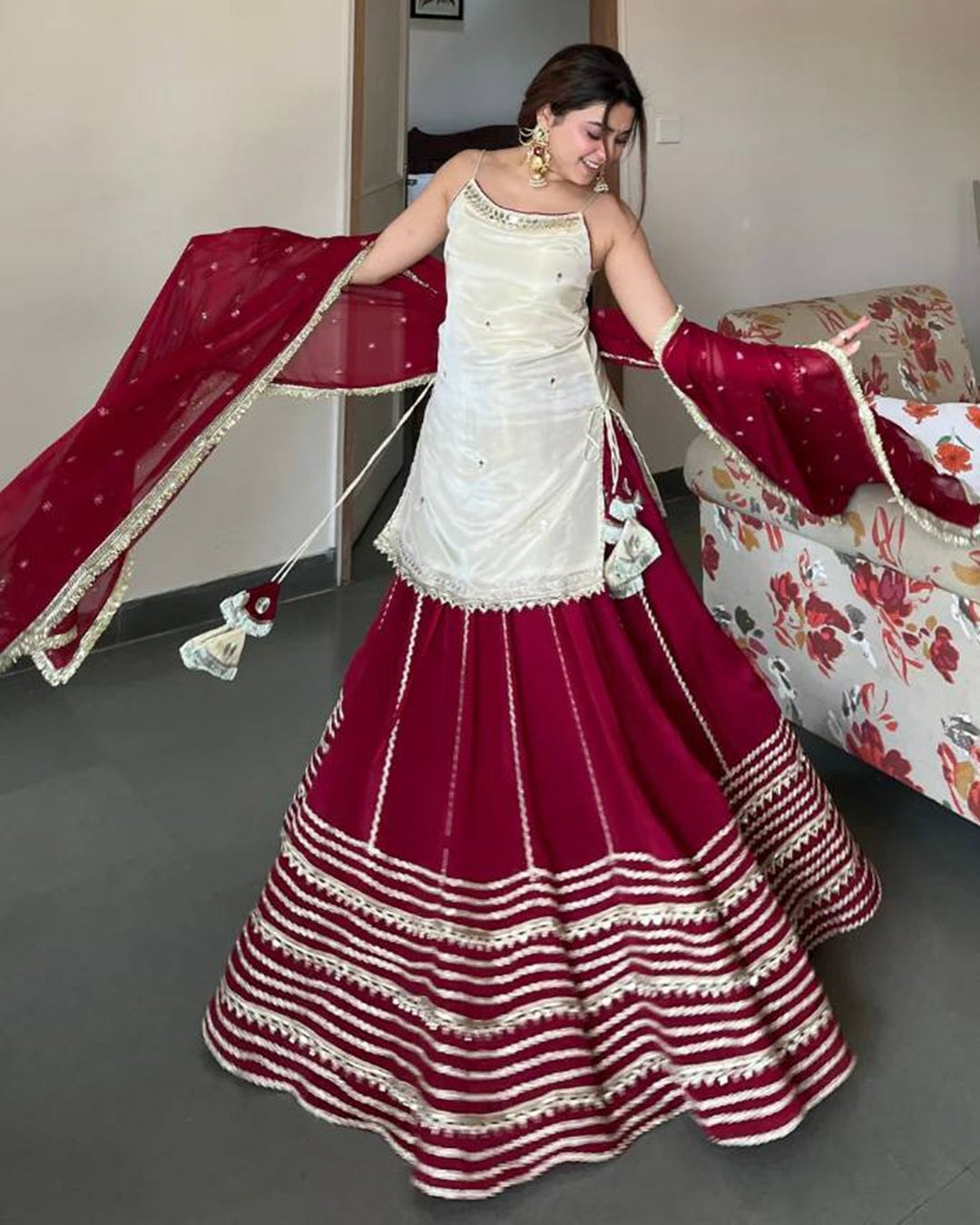 Off White Kurti with Maroon Fendy Silk Lehenga Real Mirror Work Set – Elegant Festive & Wedding Wear