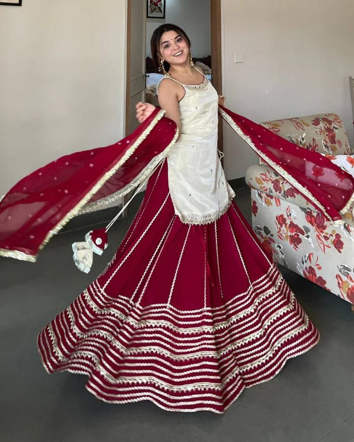 Off White Kurti with Maroon Fendy Silk Lehenga Real Mirror Work Set – Elegant Festive & Wedding Wear