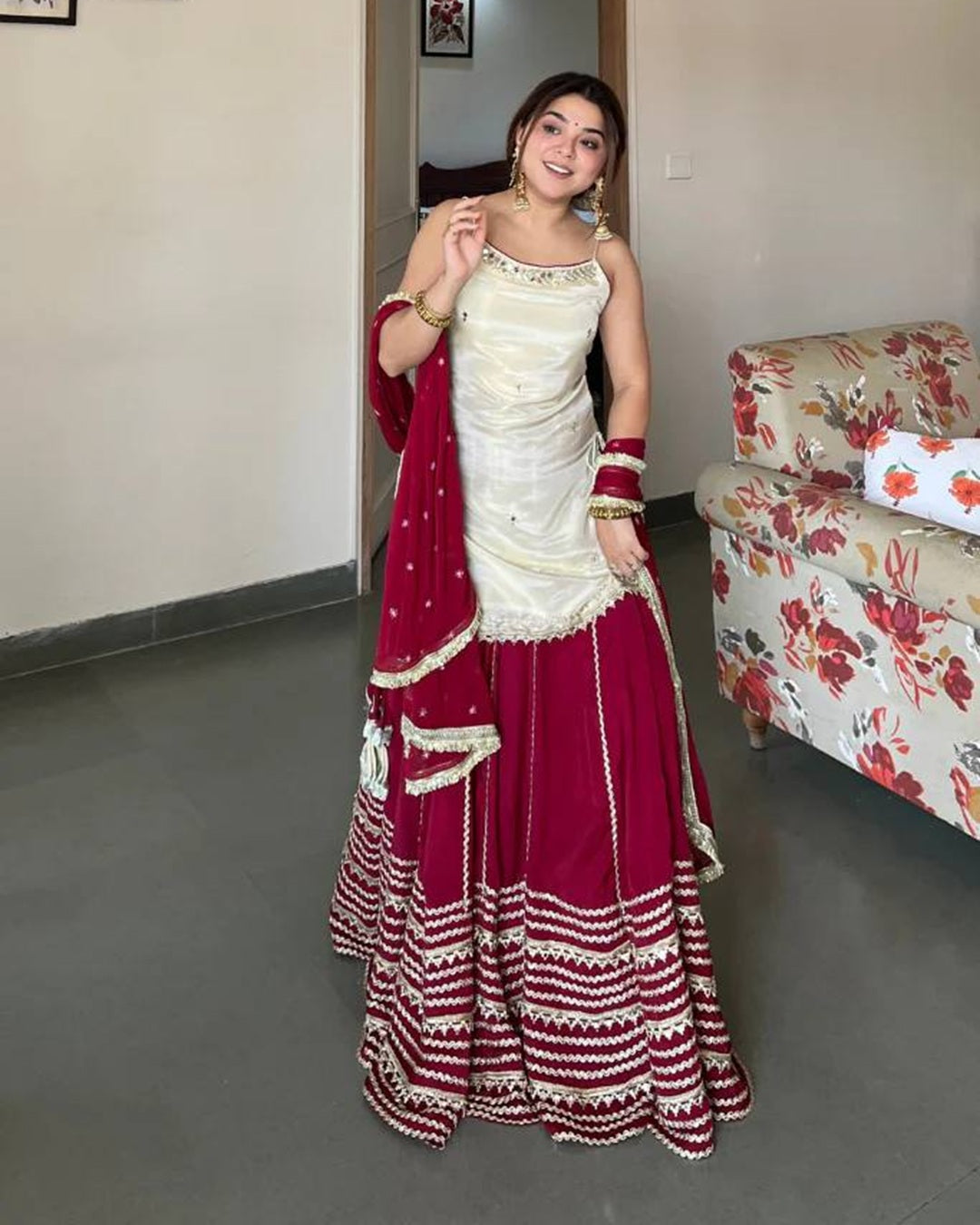 Off White Kurti with Maroon Fendy Silk Lehenga Real Mirror Work Set – Elegant Festive & Wedding Wear