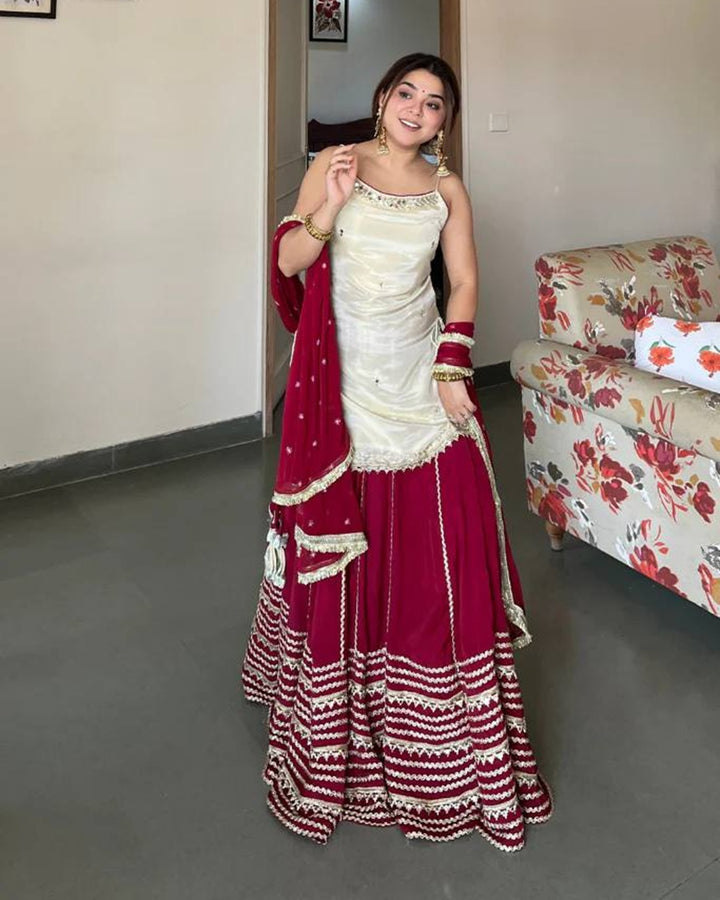 Off White Kurti with Maroon Fendy Silk Lehenga Real Mirror Work Set – Elegant Festive & Wedding Wear