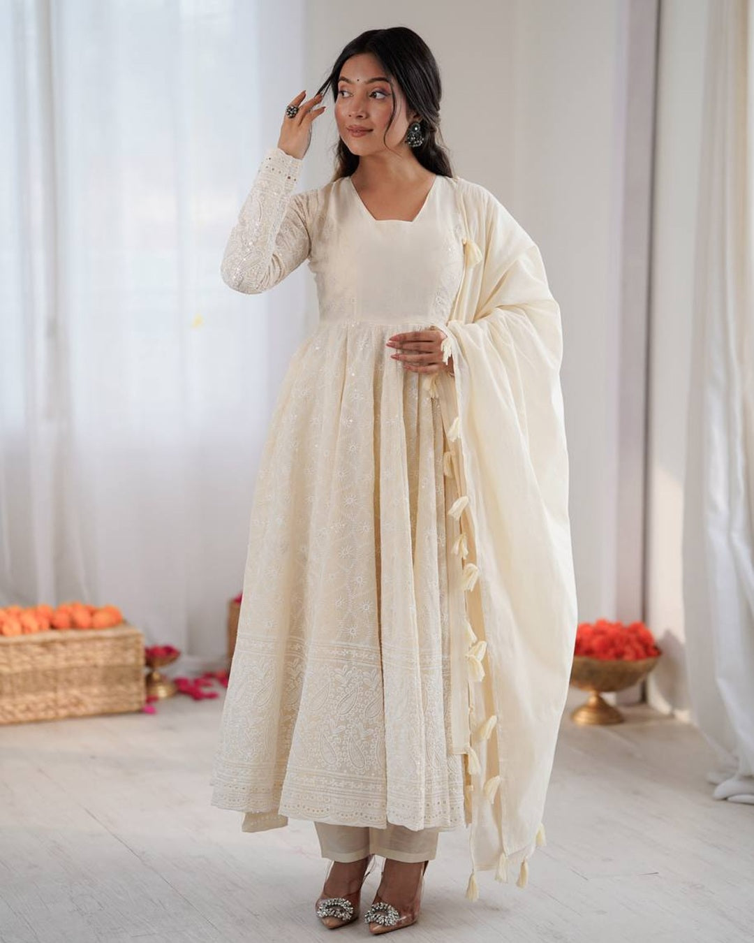 Off White Kora Cotton Anarkali with Handcrafted Lakhnawi Embroidery