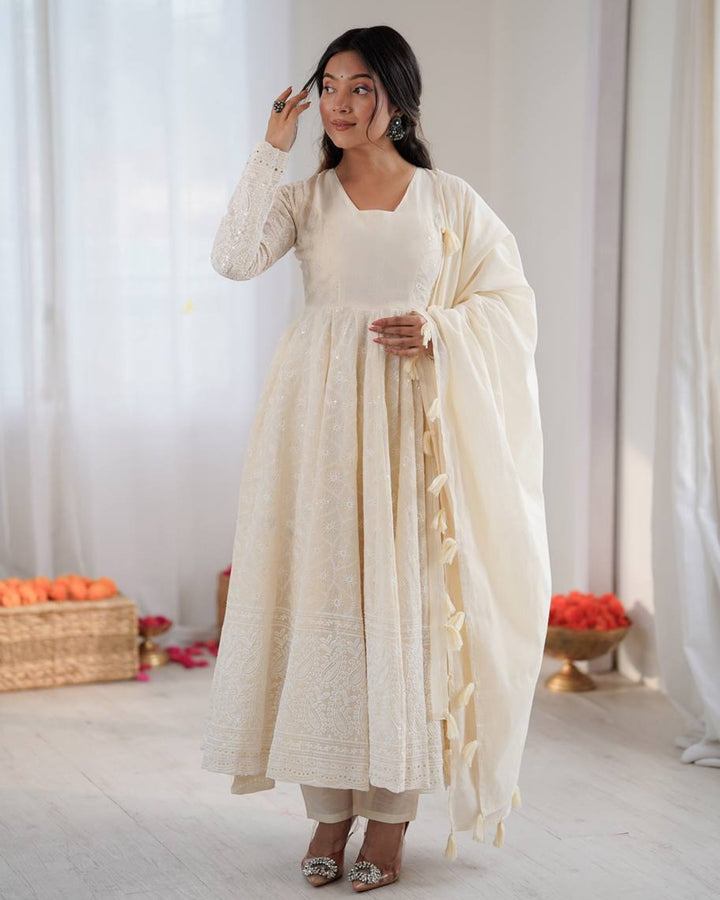 Off White Kora Cotton Anarkali with Handcrafted Lakhnawi Embroidery