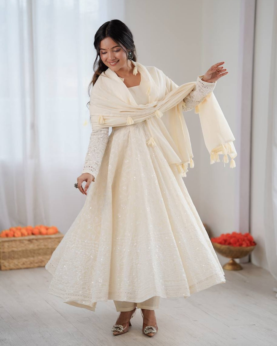 Off White Kora Cotton Anarkali with Handcrafted Lakhnawi Embroidery