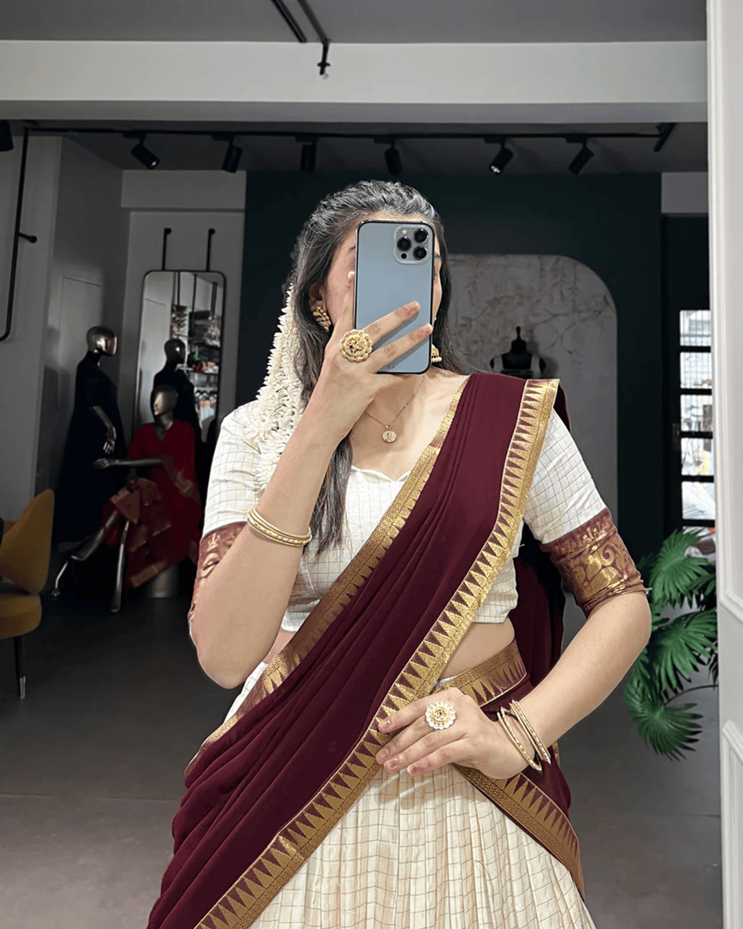 White & Maroon Poly Cotton Chex Onam Half Saree | Traditional Festive Wear