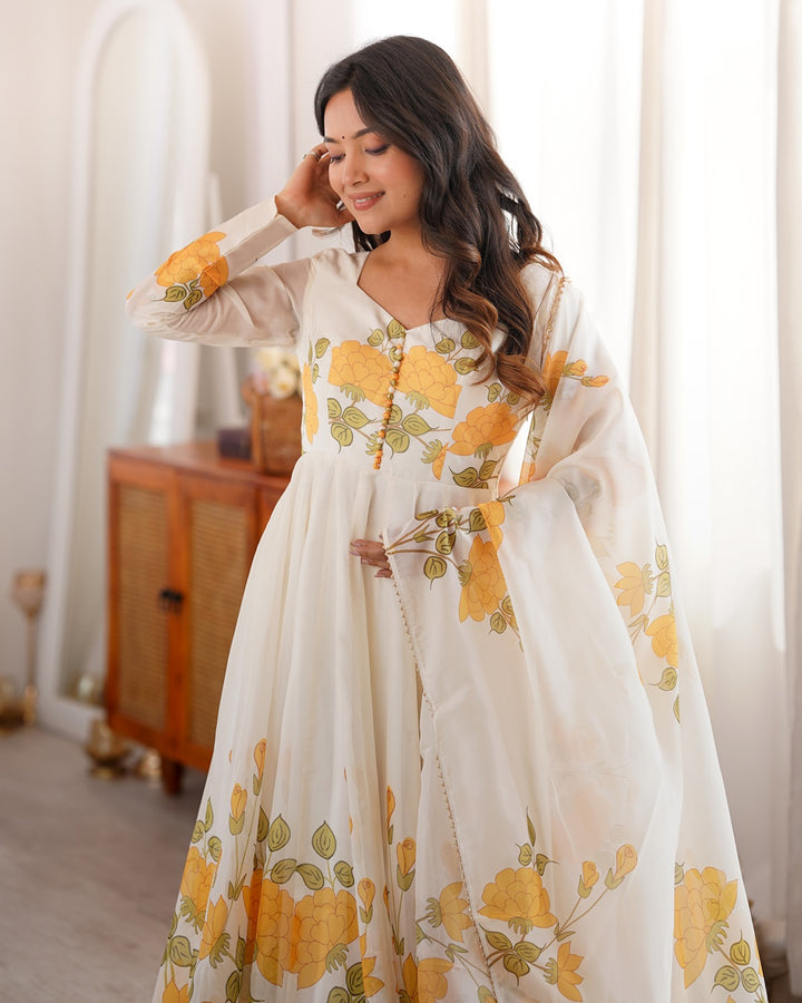 Creamish White Floral Print Organza Three Piece Anarkali Suit with Dupatta | Designer Festive Ethnic Wear for Women