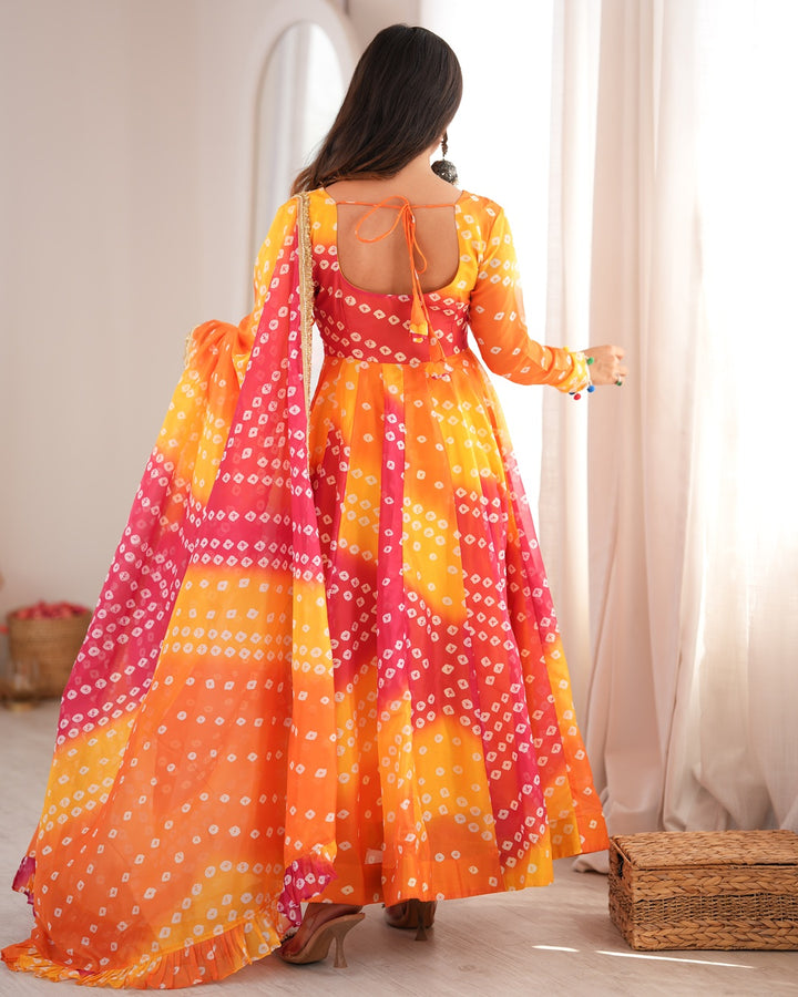 Yellow Traditional Bandhani Printed Organza Gown Set for Women | Festive & Ethnic Wear