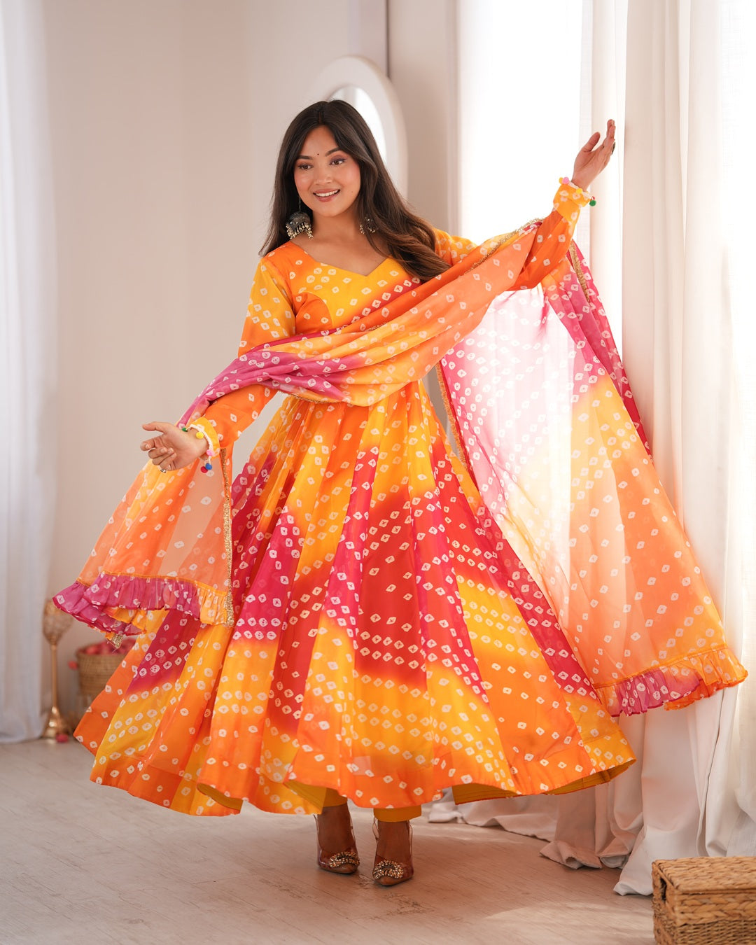 Yellow Traditional Bandhani Printed Organza Gown Set for Women | Festive & Ethnic Wear