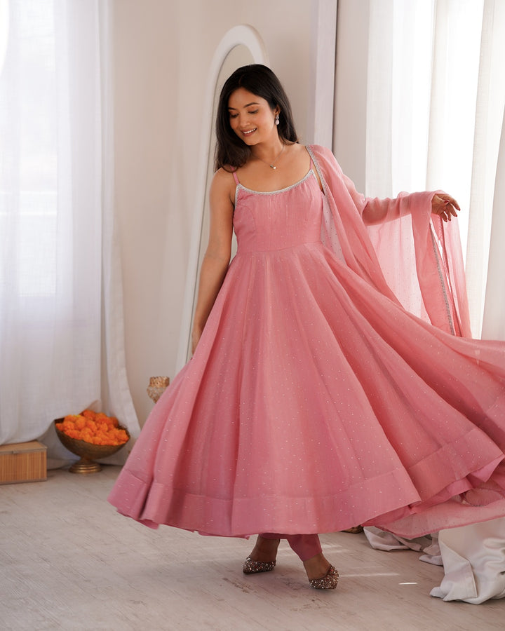 Dusty Pink Crunchy Silk Three Piece Anarkali Suit for Women | Designer Festive Wear