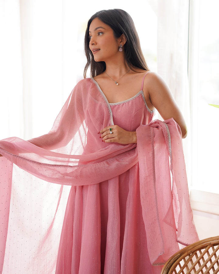 Dusty Pink Crunchy Silk Three Piece Anarkali Suit for Women | Designer Festive Wear
