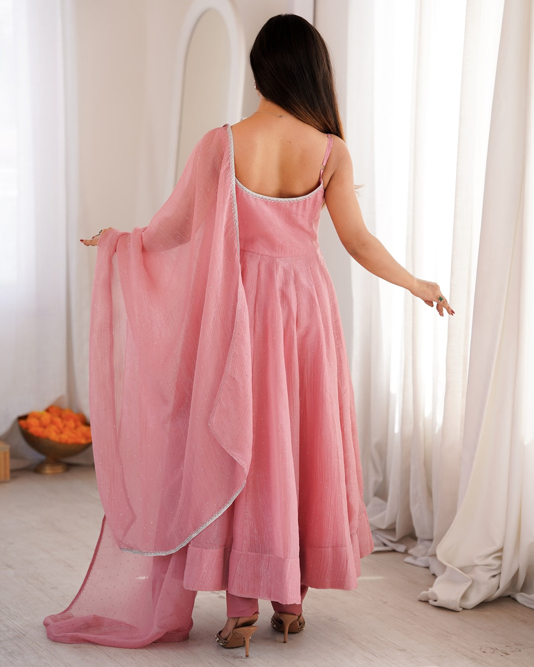 Dusty Pink Crunchy Silk Three Piece Anarkali Suit for Women | Designer Festive Wear