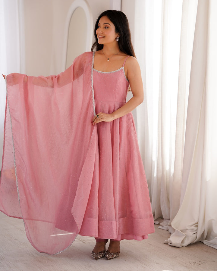 Dusty Pink Crunchy Silk Three Piece Anarkali Suit for Women | Designer Festive Wear