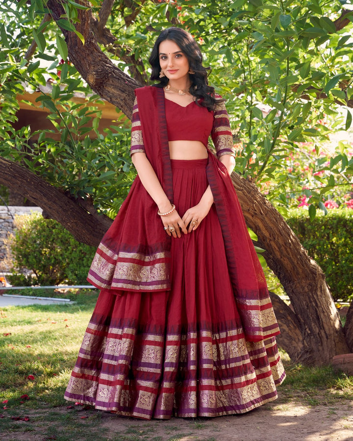Red Pure Chanderi Plain Half Saree for Women | Elegant Traditional Ethnic Wear