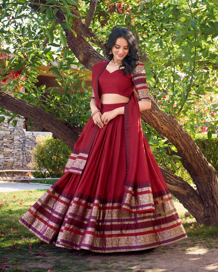 Red Pure Chanderi Plain Half Saree for Women | Elegant Traditional Ethnic Wear