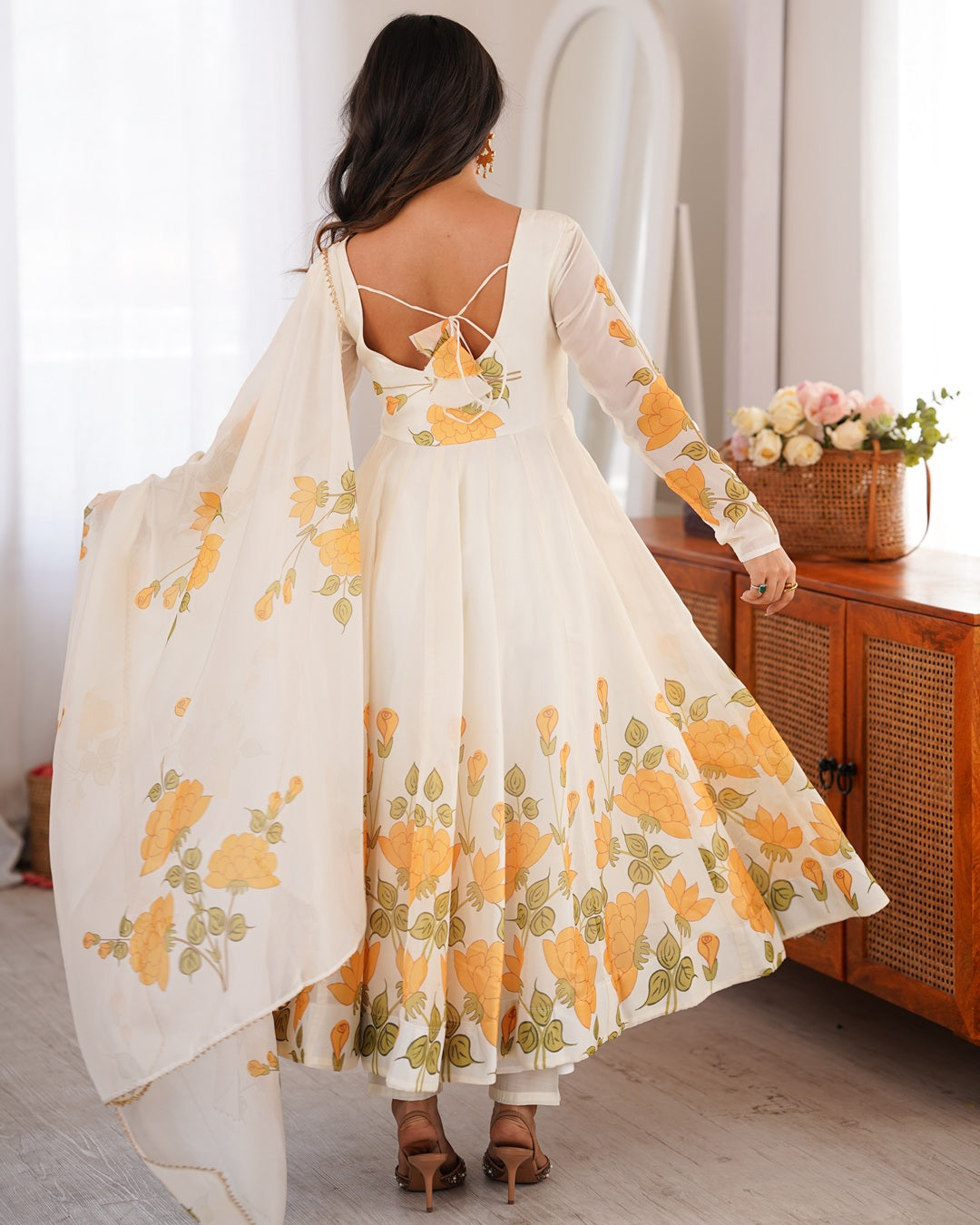 Creamish White Floral Print Organza Three Piece Anarkali Suit with Dupatta | Designer Festive Ethnic Wear for Women