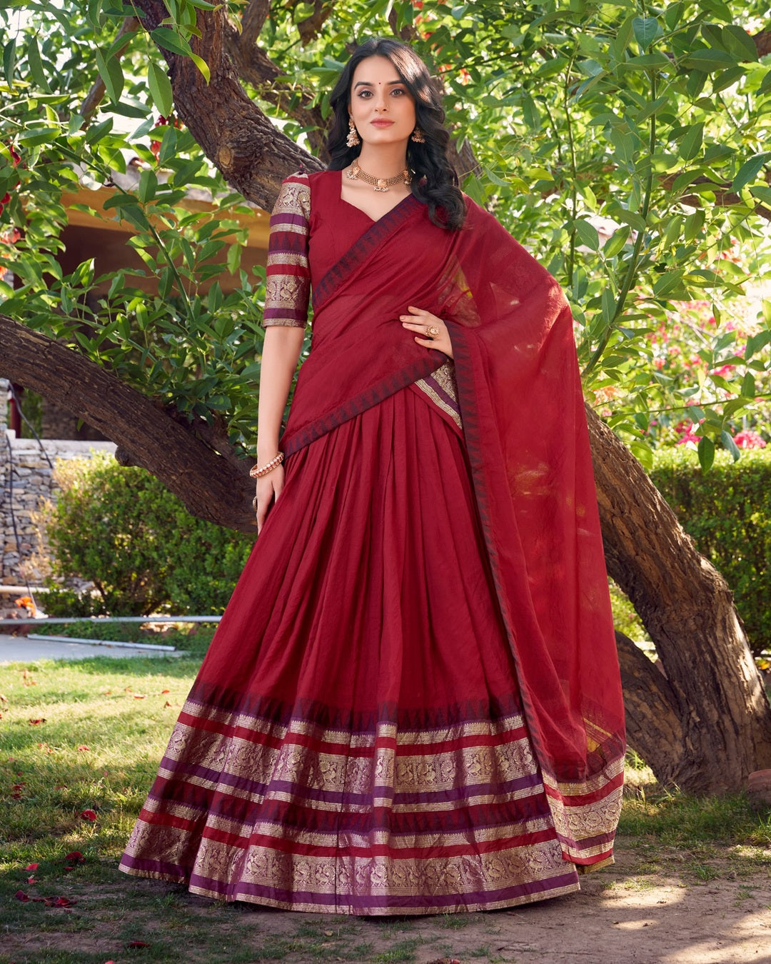 Red Pure Chanderi Plain Half Saree for Women | Elegant Traditional Ethnic Wear