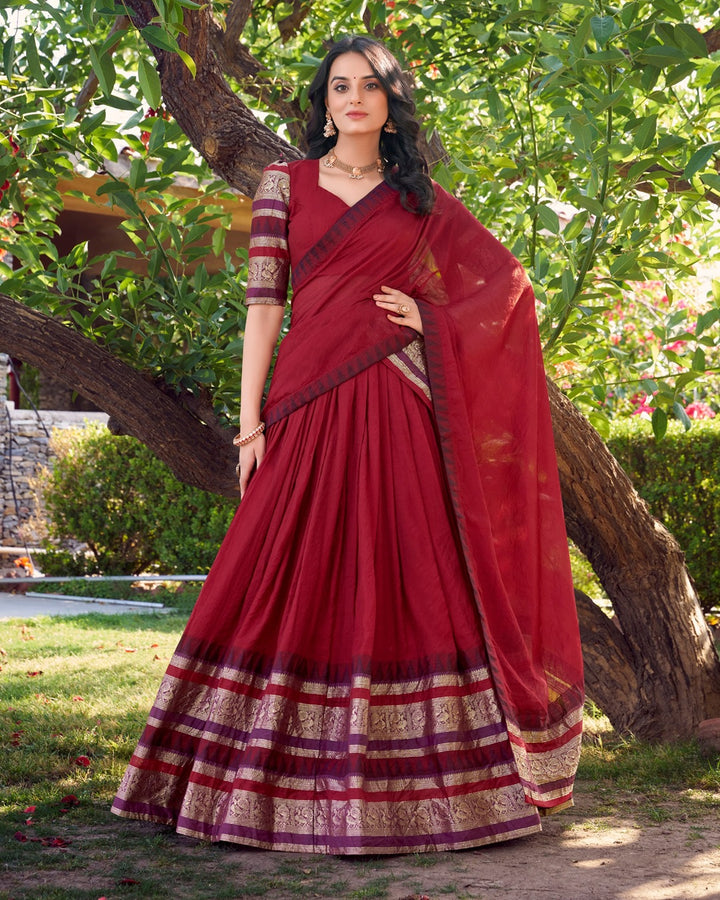 Red Pure Chanderi Plain Half Saree for Women | Elegant Traditional Ethnic Wear