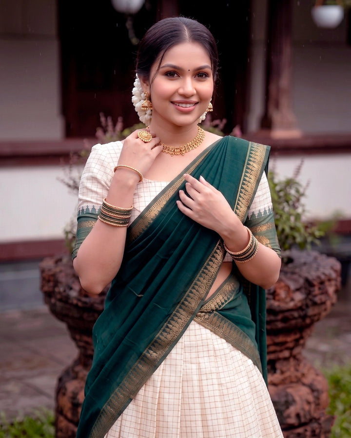 White and Green Poly Cotton Chex Onam Lehenga Set | Traditional Kerala Festive Wear for Women