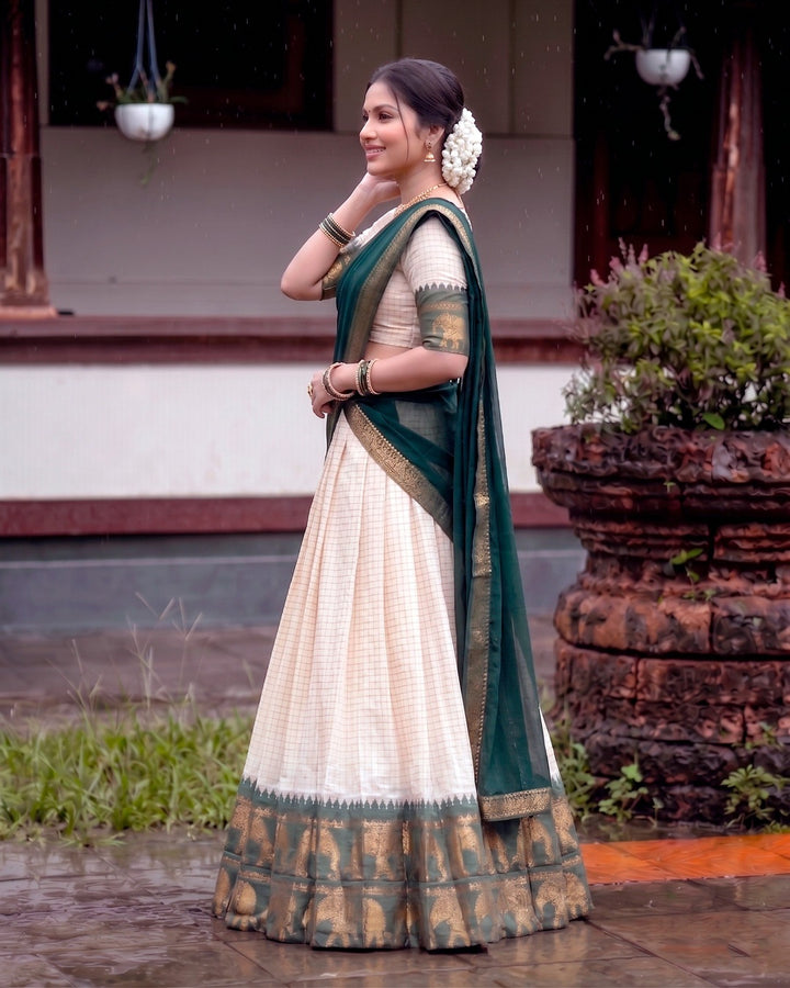 White and Green Poly Cotton Chex Onam Lehenga Set | Traditional Kerala Festive Wear for Women
