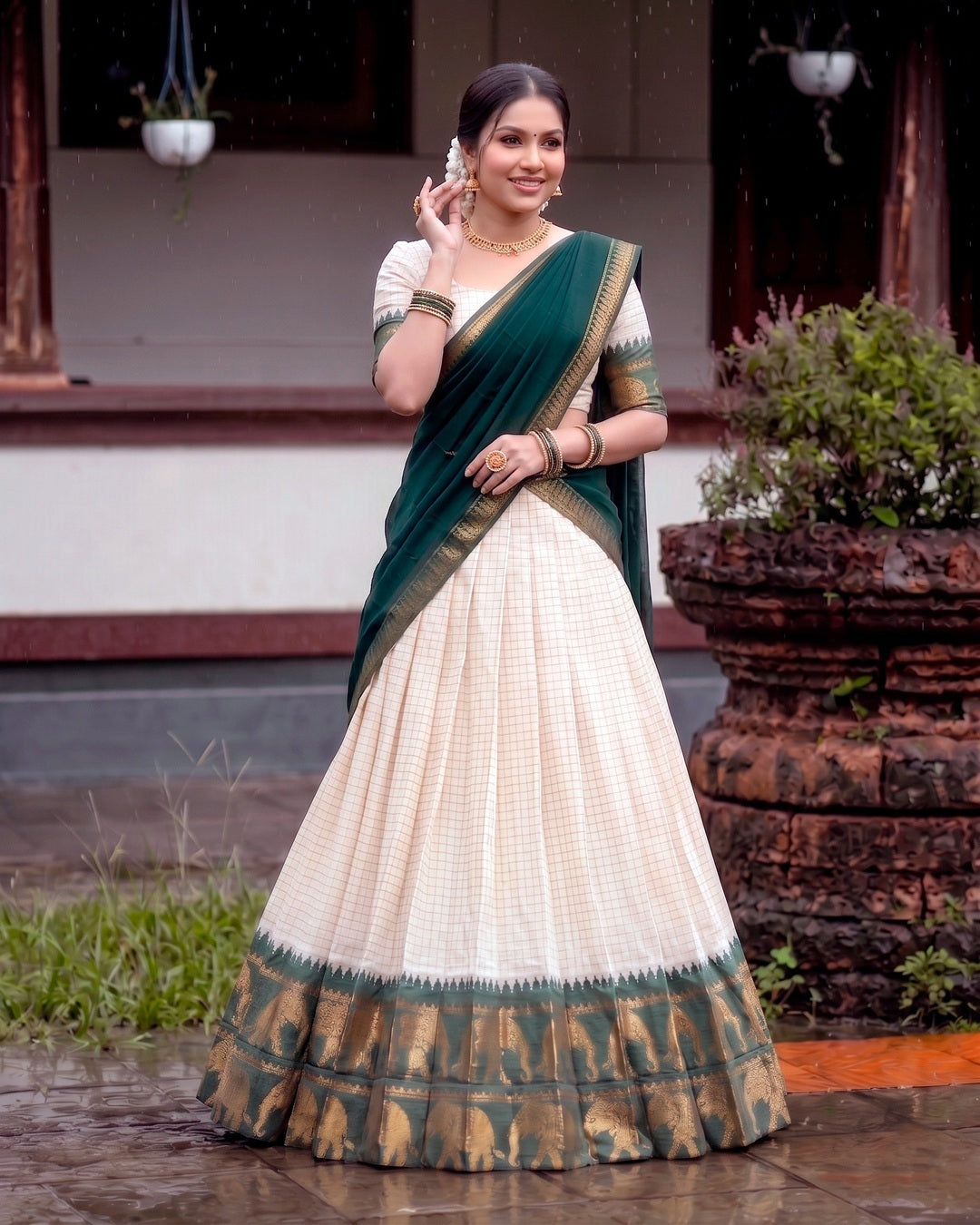 White and Green Poly Cotton Chex Onam Lehenga Set | Traditional Kerala Festive Wear for Women