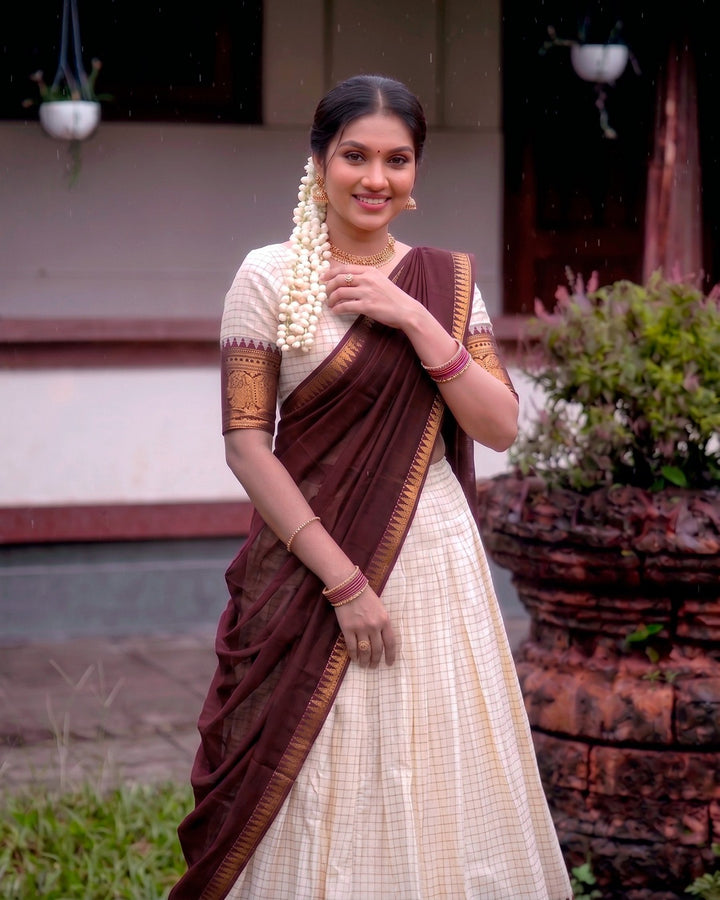 White & Maroon Poly Cotton Chex Onam Half Saree | Traditional Festive Wear