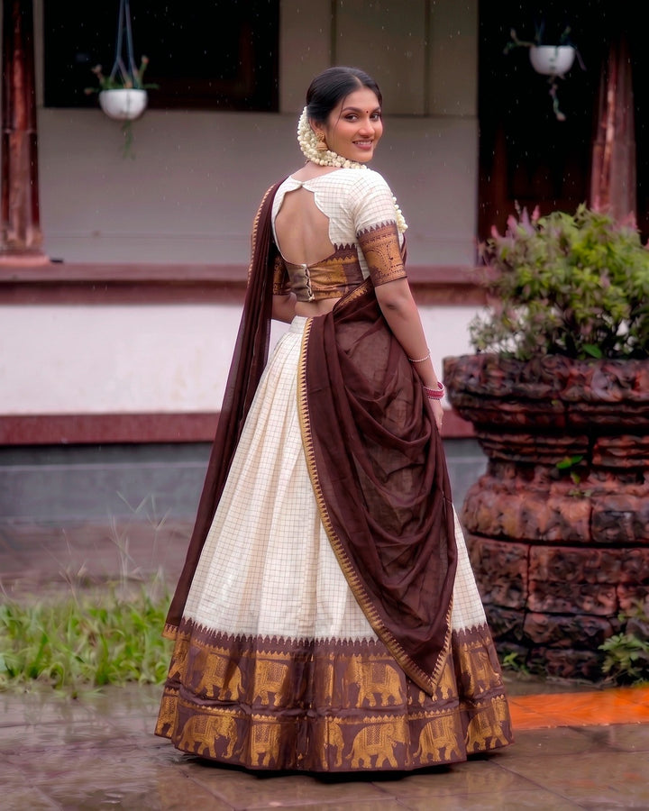 White & Maroon Poly Cotton Chex Onam Half Saree | Traditional Festive Wear