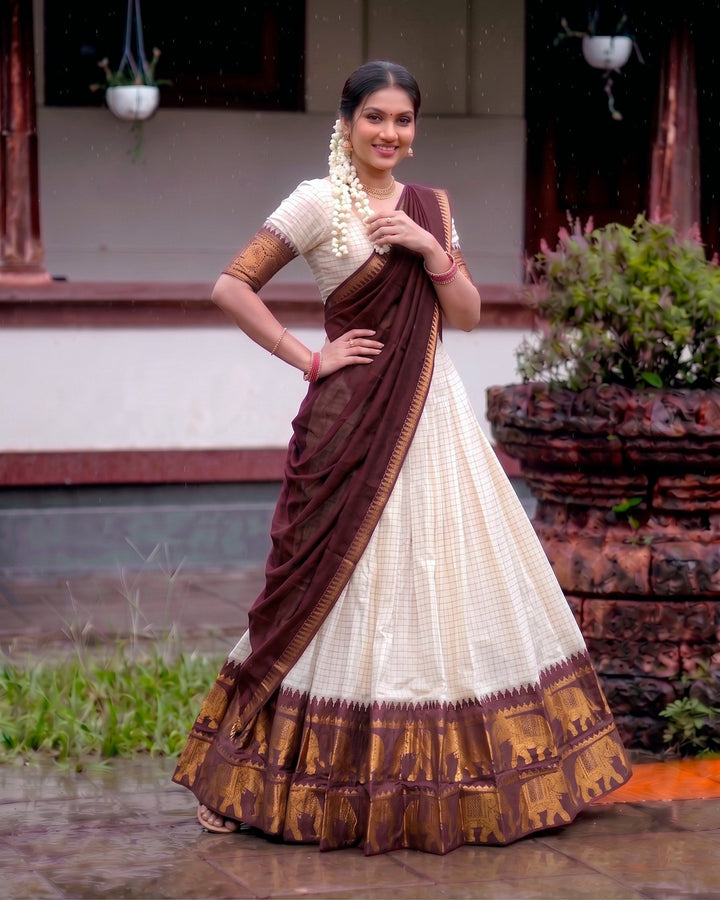 White & Maroon Poly Cotton Chex Onam Half Saree | Traditional Festive Wear